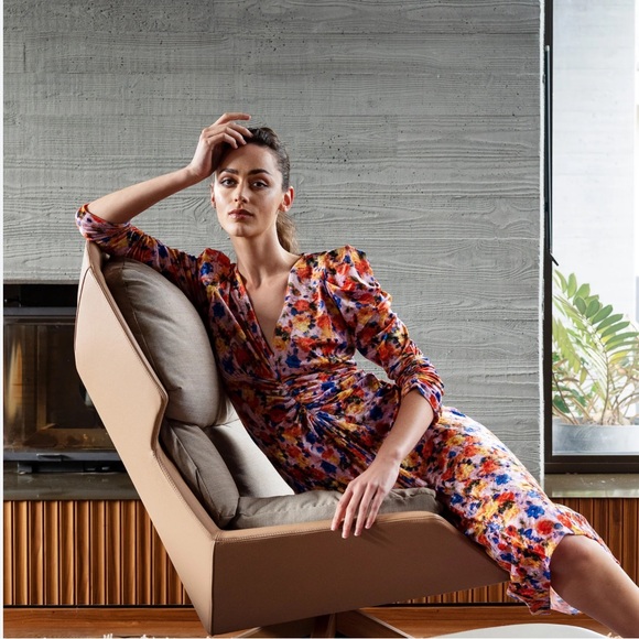 ISABEL MARANT Gilalbi ruched floral-print stretch-velvet midi dress orange US 10 - Picture 1 of 17